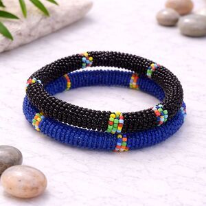 Pair of Wrapped Seed Bead Bangle Bracelets in Black and Blue